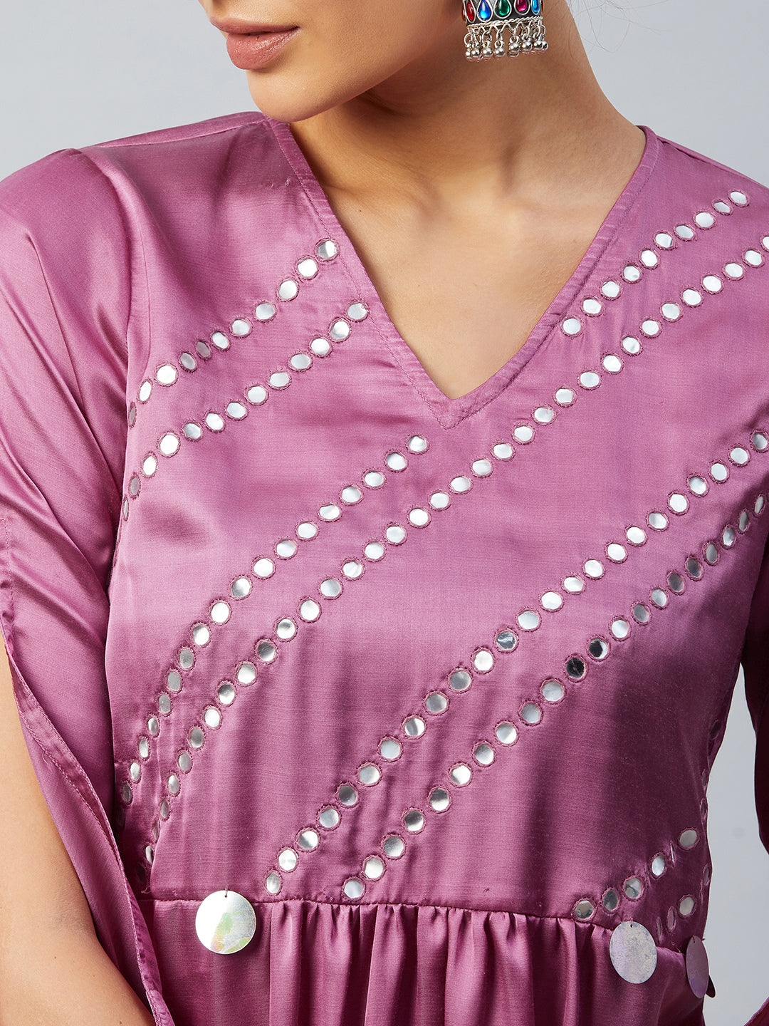 Athena Women Purple Pleated Mirror Work Kurta With Palazzos Dupatta
