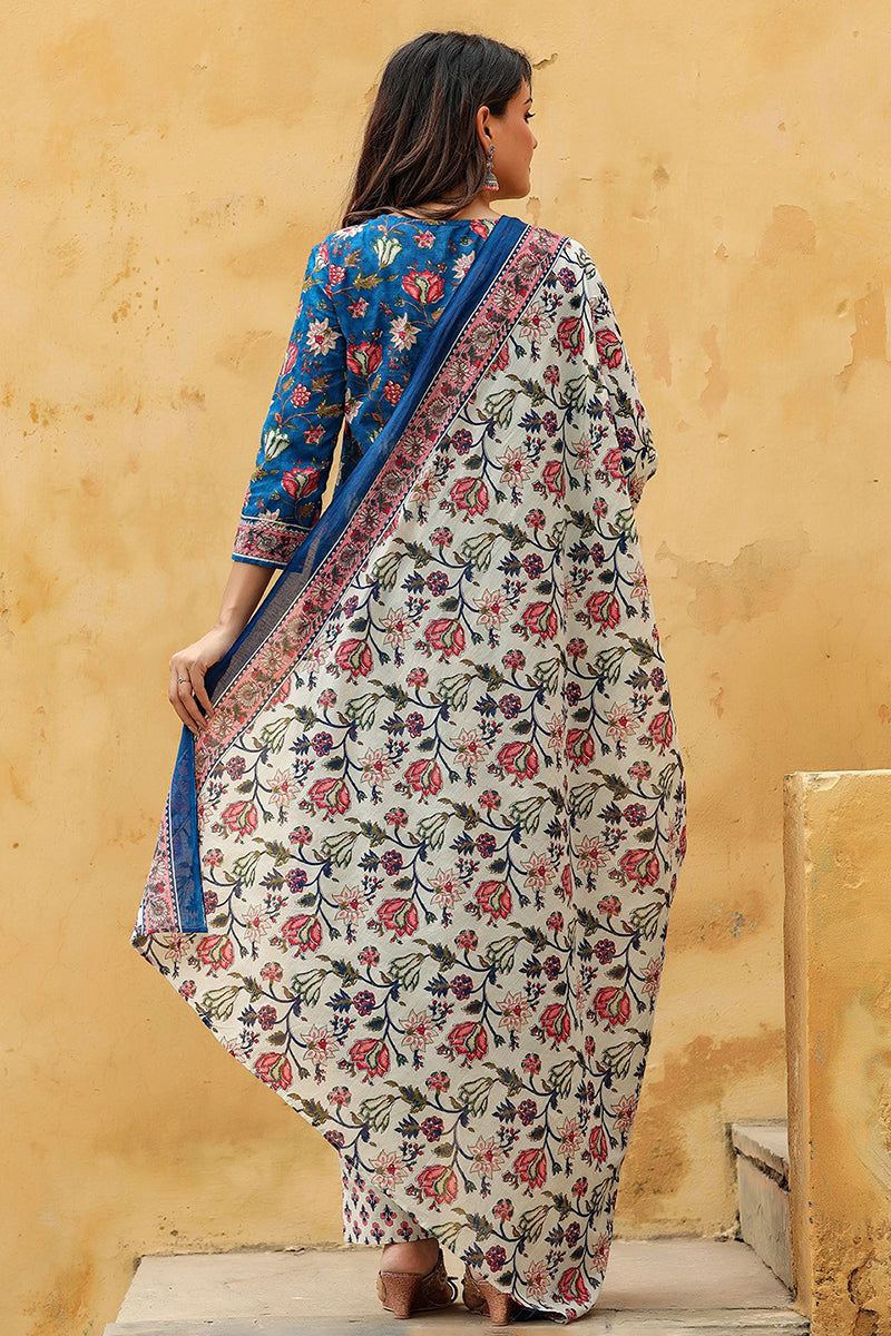 Blue Rayon Blend Floral Printed Straight Suit Set - Blue