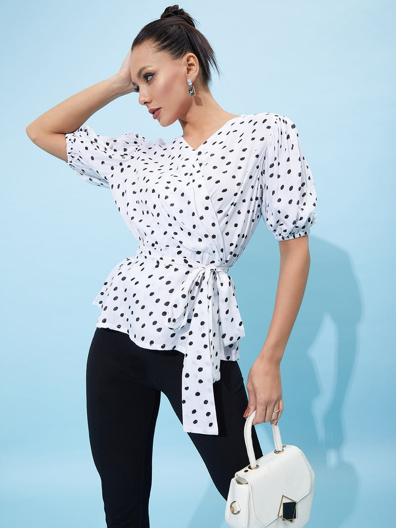 Athena V-Neck Polka Dot Printed Tie Up Puff Sleeve Top
