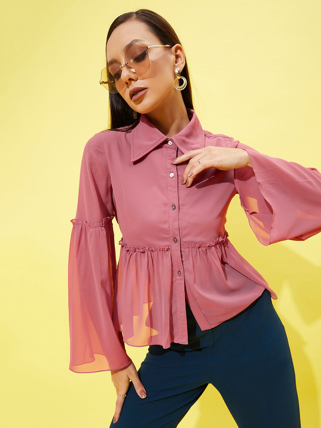 Athena Bell-Sleeve Ruffled Shirt-Style Top