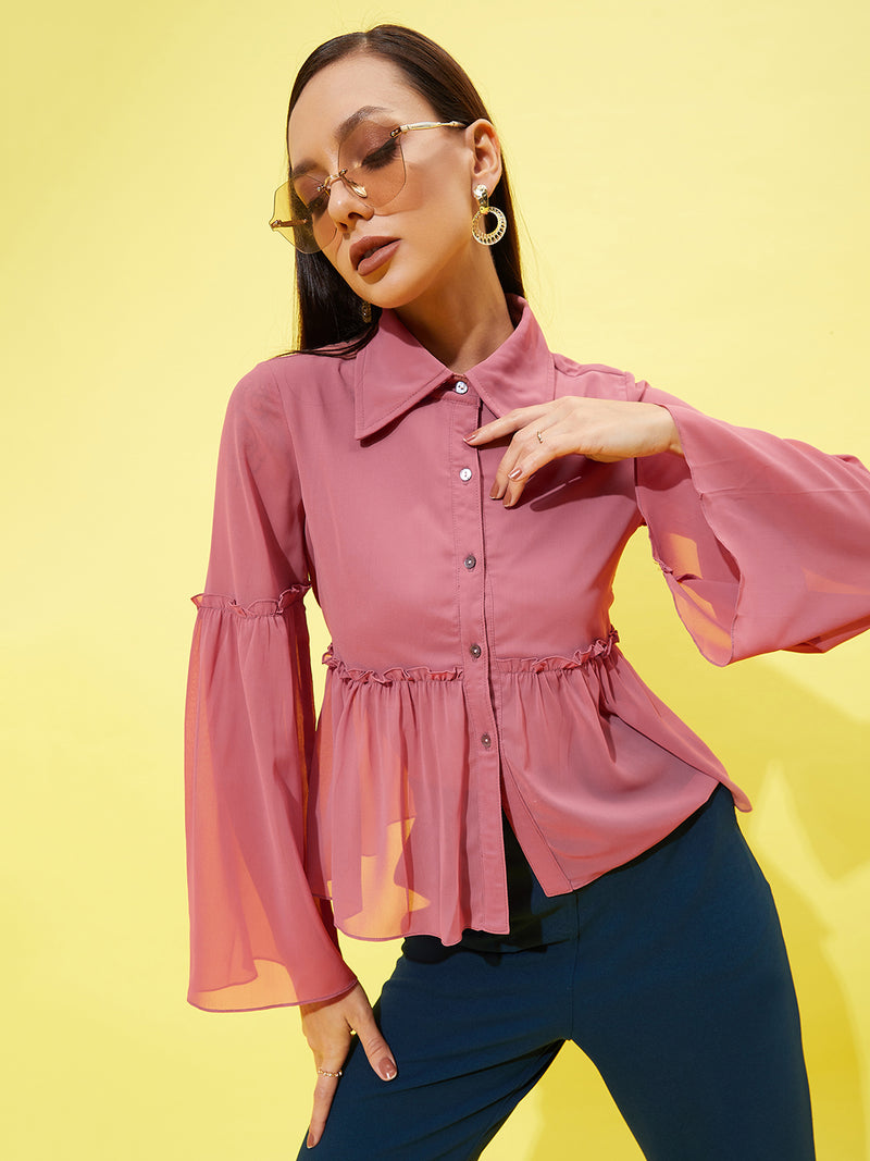 Athena Bell-Sleeve Ruffled Shirt-Style Top