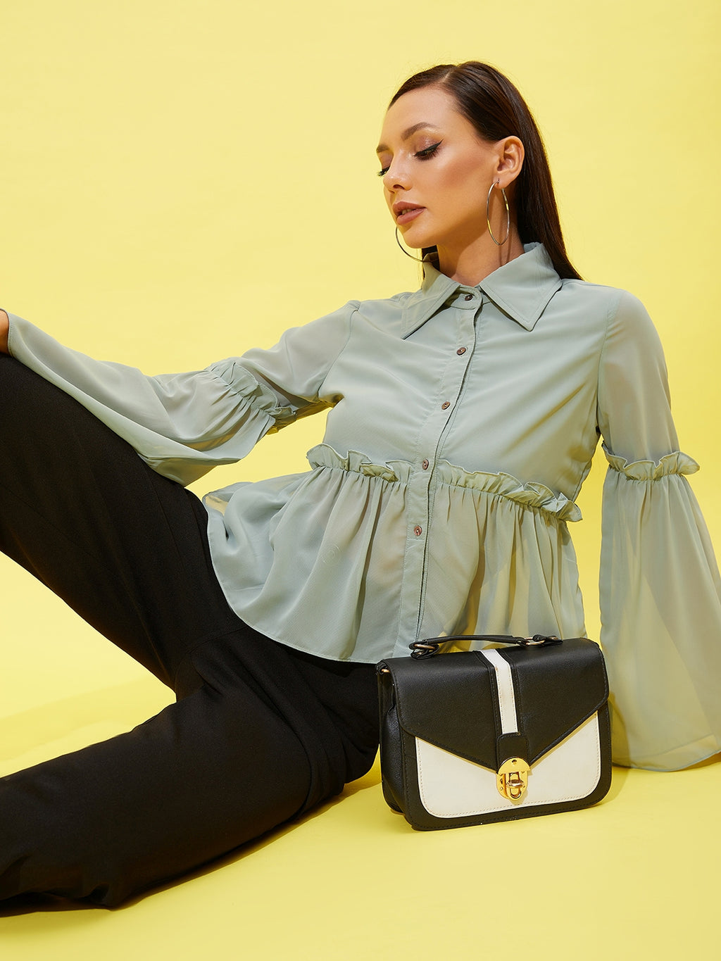 Athena Bell-Sleeves Ruffled Shirt-Style Top