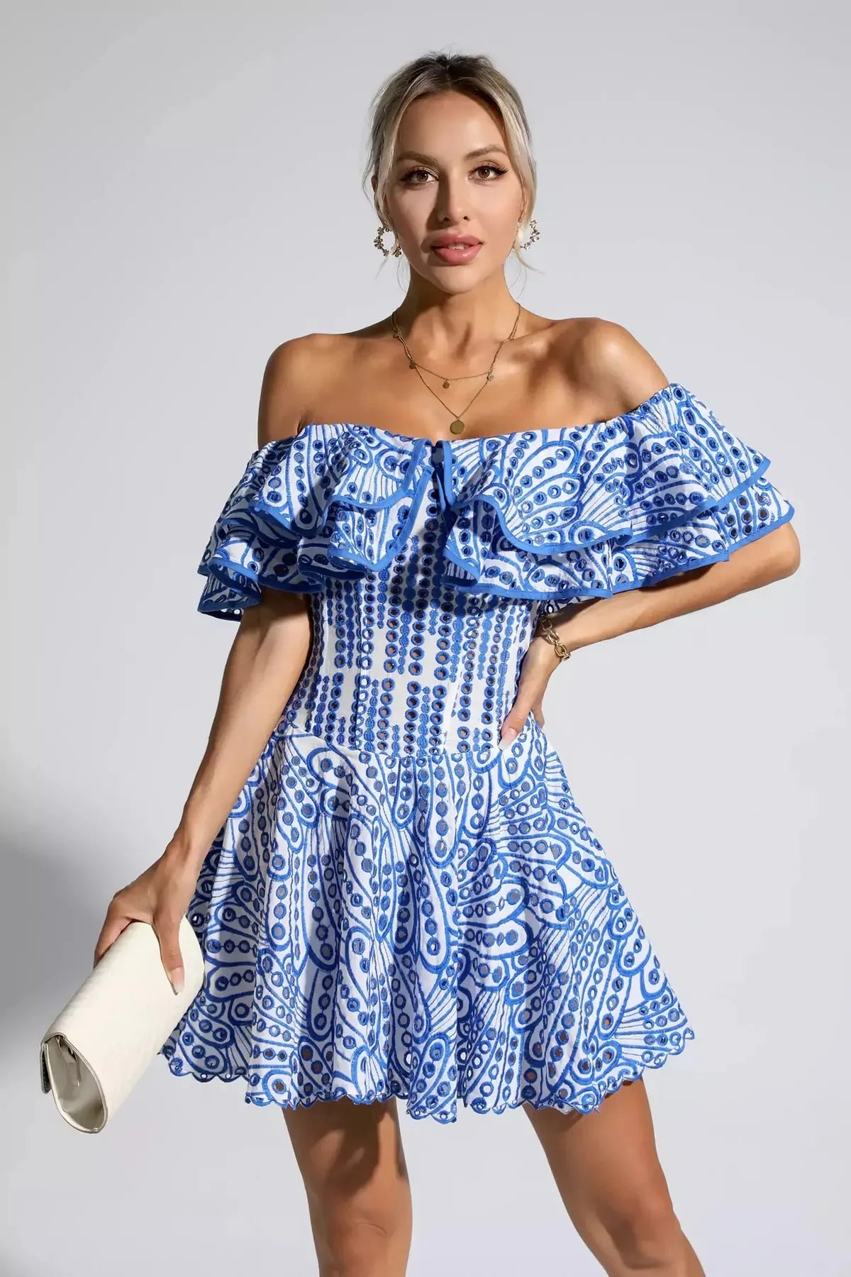 Cutout Ruffle Mini Dress - Blue