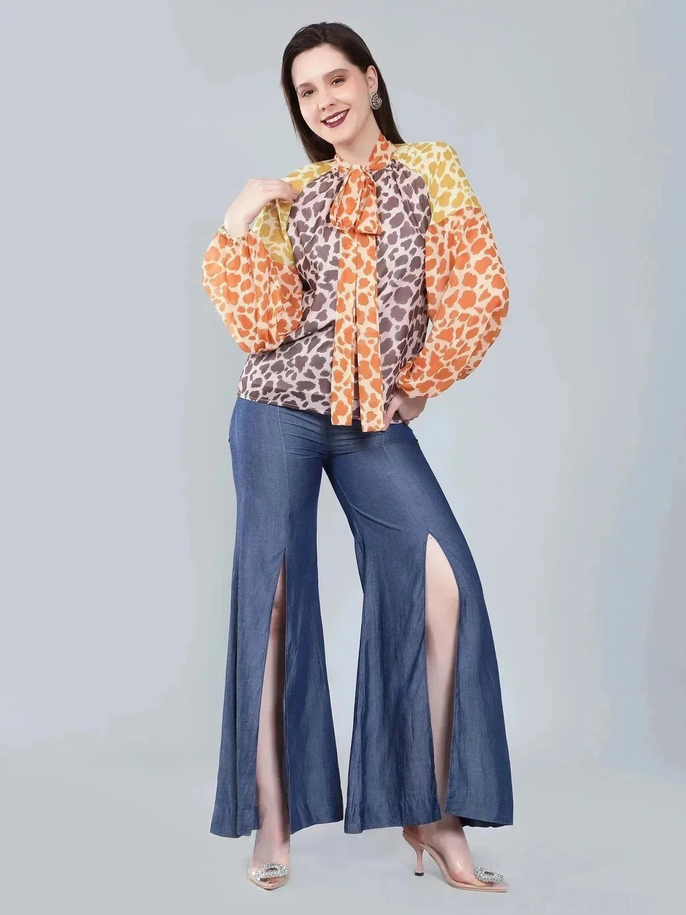 Leopard Print Colorblock Tie Neck Blouse - Multi