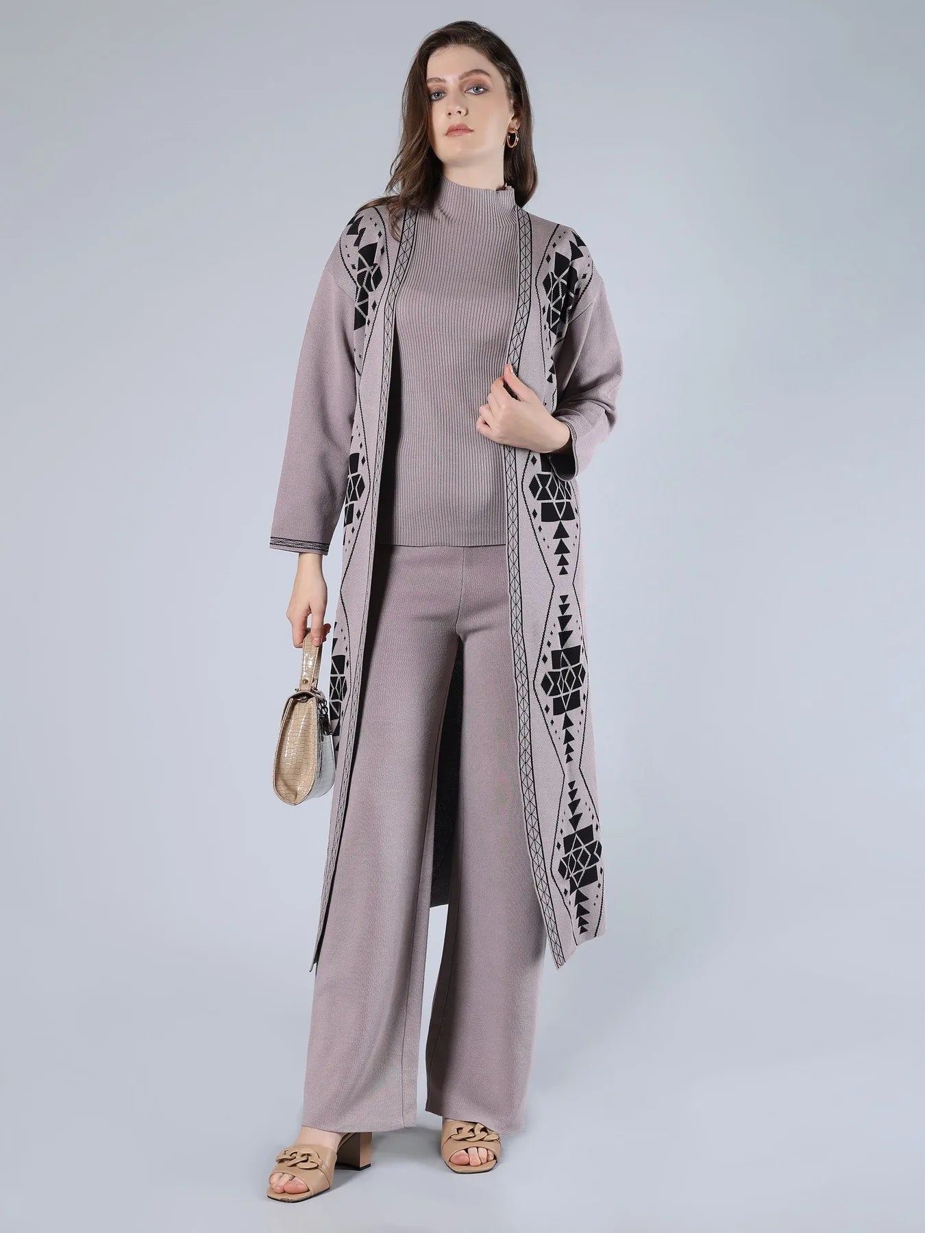 Warm Knitted Three Piece Set - Grey