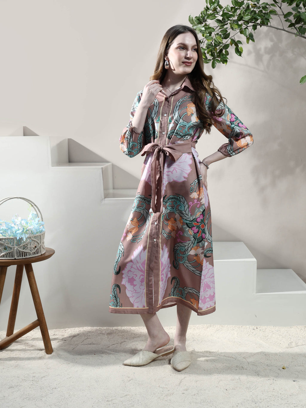 Boho By Athena Floral Print Linen Shirt Midi Dress