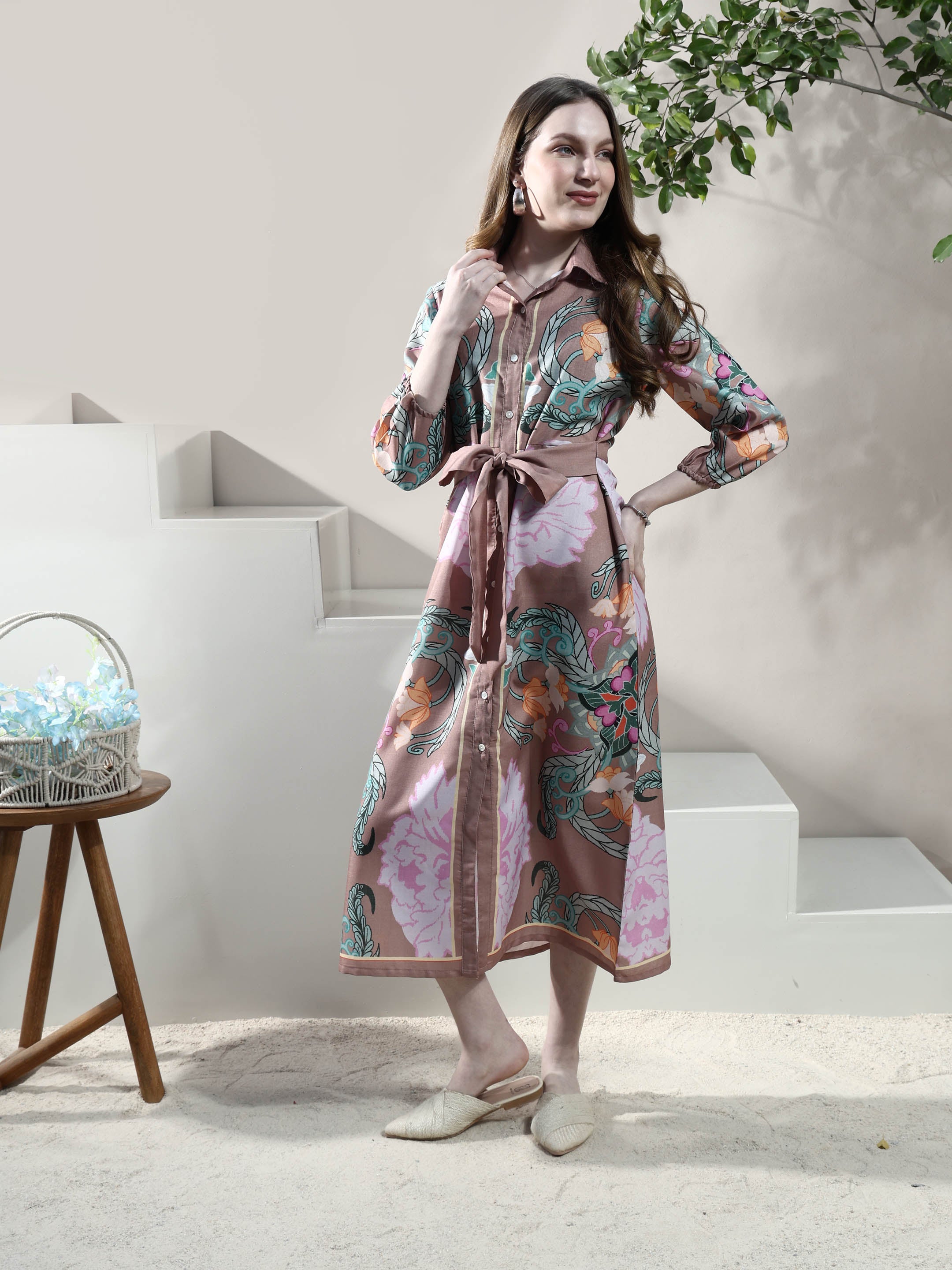 Boho By Athena Floral Print Linen Shirt Midi Dress