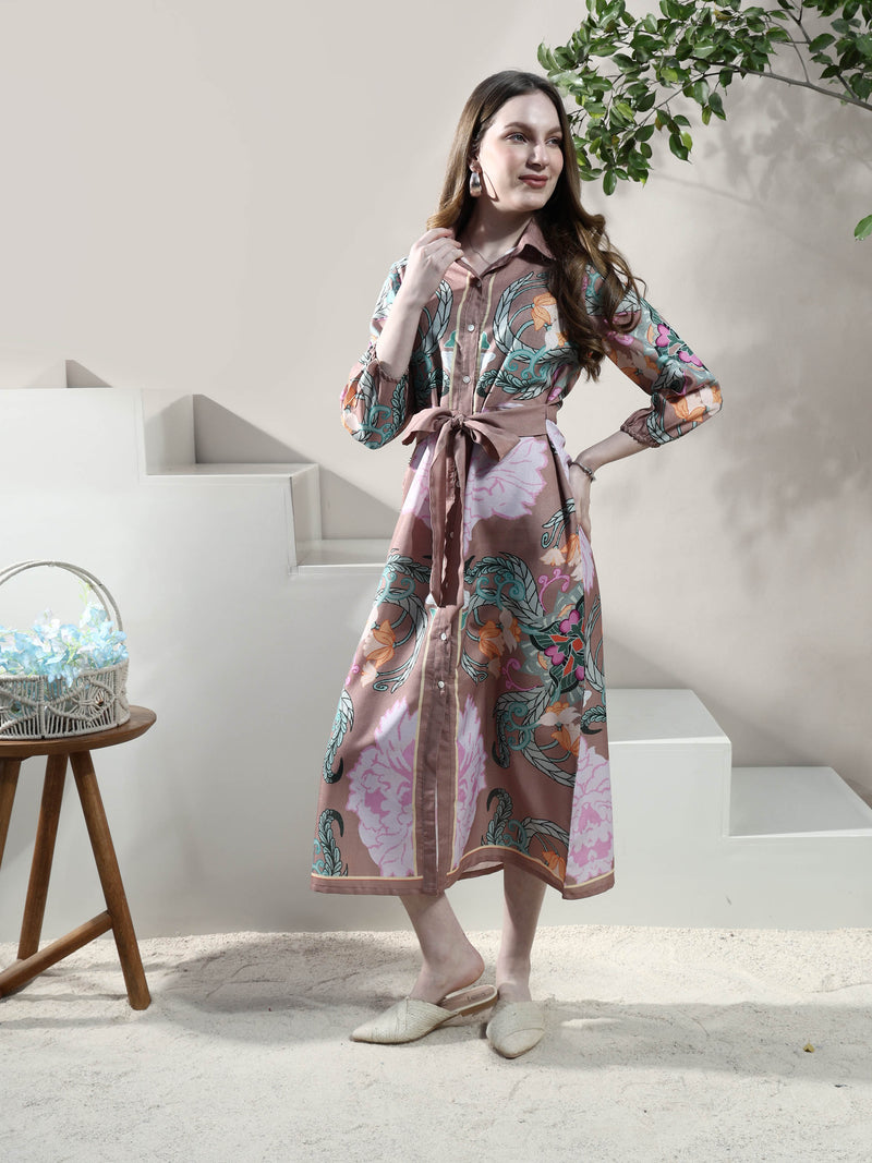 Boho By Athena Floral Print Linen Shirt Midi Dress