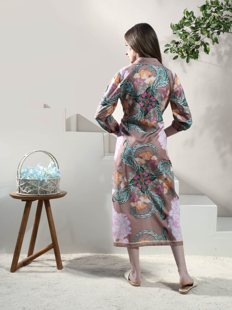 Boho By Athena Floral Print Linen Shirt Midi Dress