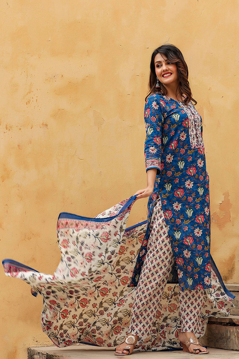 Blue Rayon Blend Floral Printed Straight Suit Set - Blue