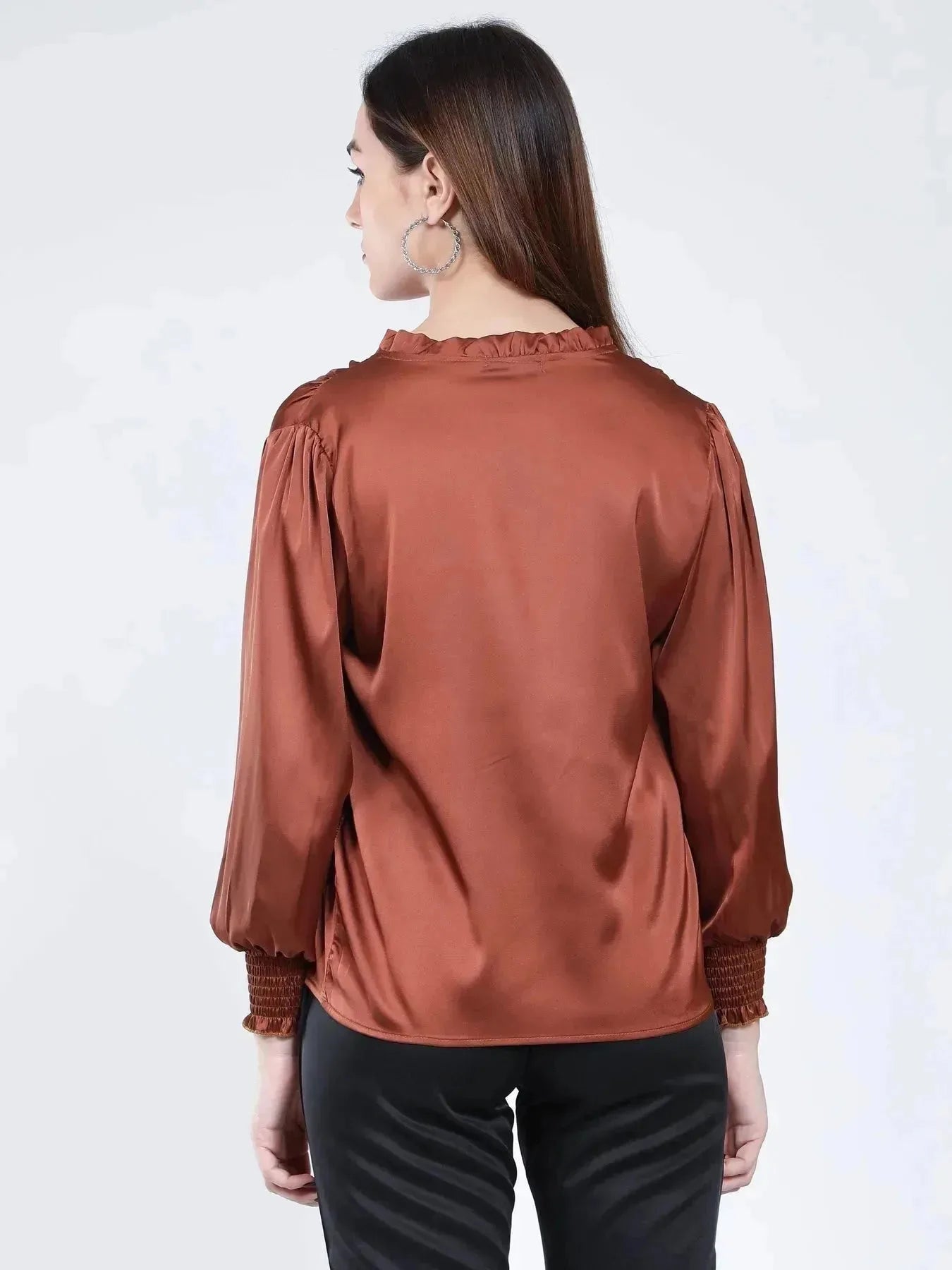 Tie Neck Satin Top - Coffee Brown