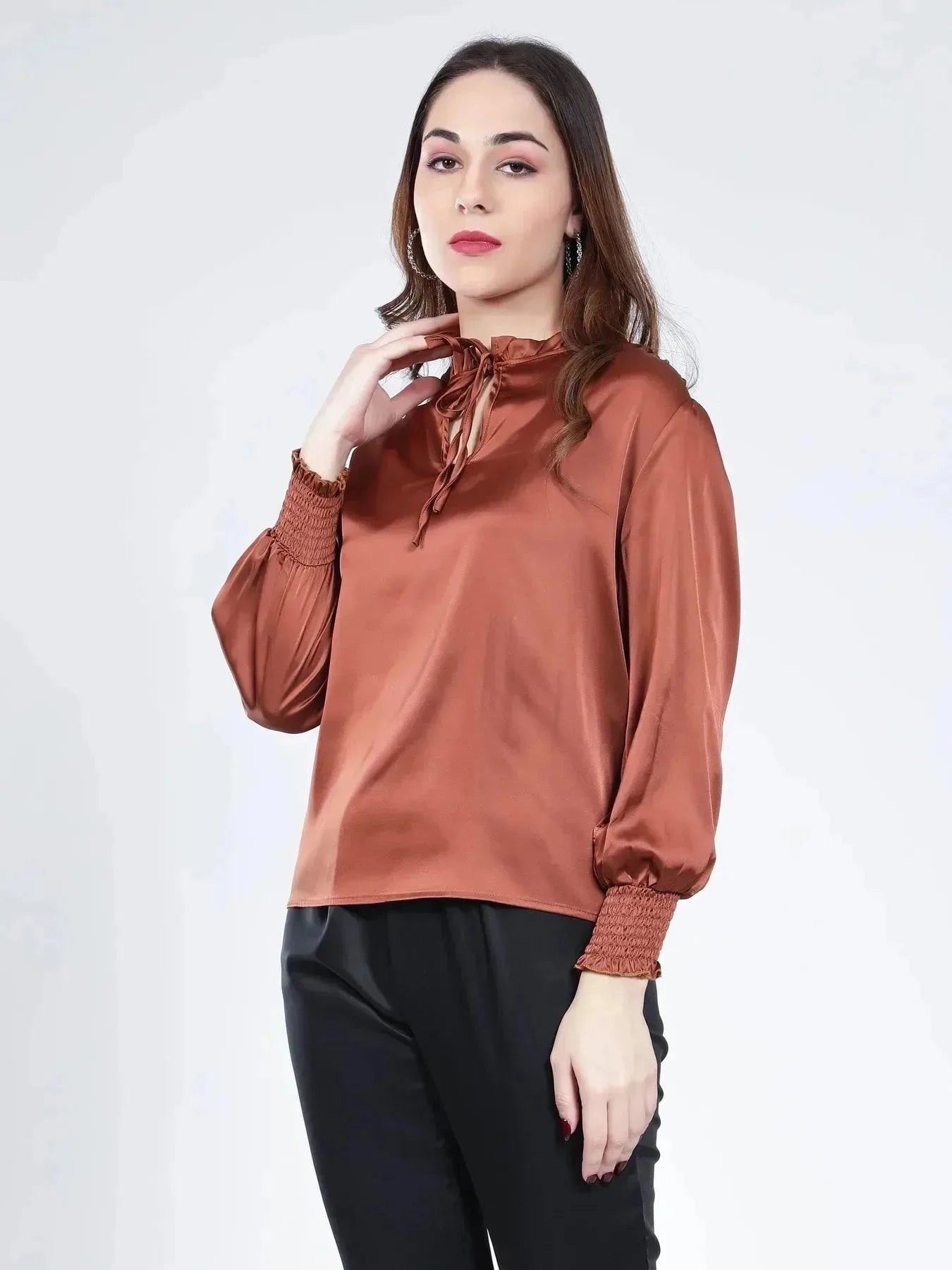 Tie Neck Satin Top - Coffee Brown