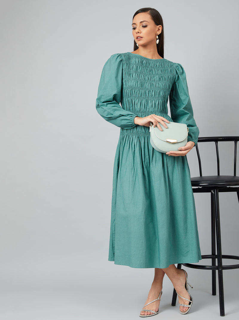 Athena Women Teal Green Solid Smocked A-Line Dress