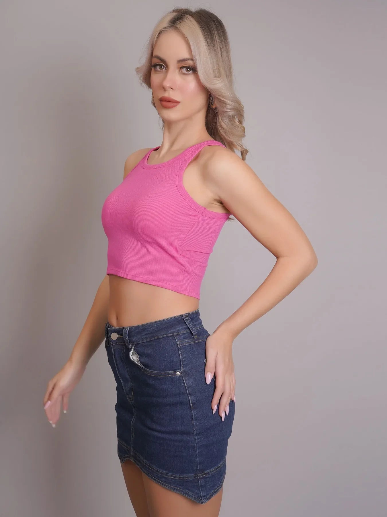 Padded Ribbed Crop Top - Pink