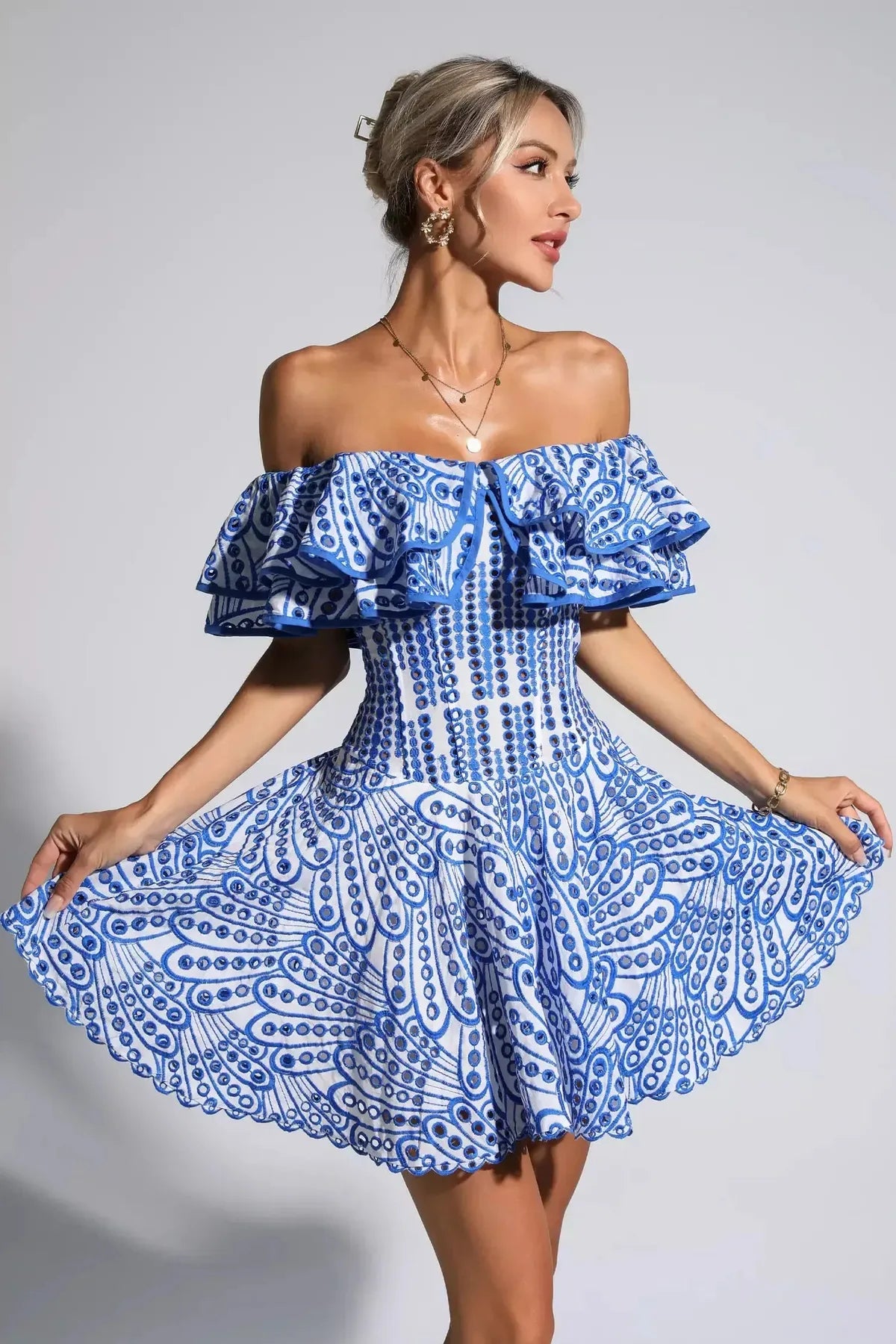 Cutout Ruffle Mini Dress - Blue