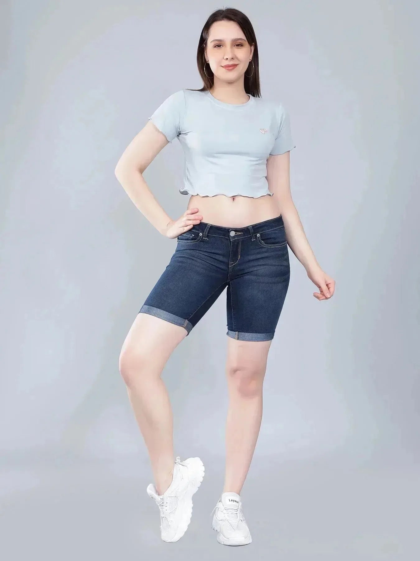 Strawberry Embroidery Crop Tee - Sky Blue