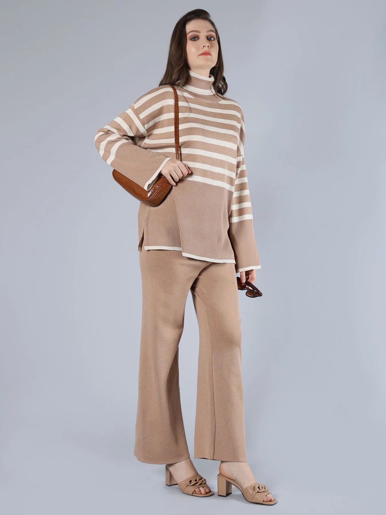 Striped Knitted Two Piece Set - Beige