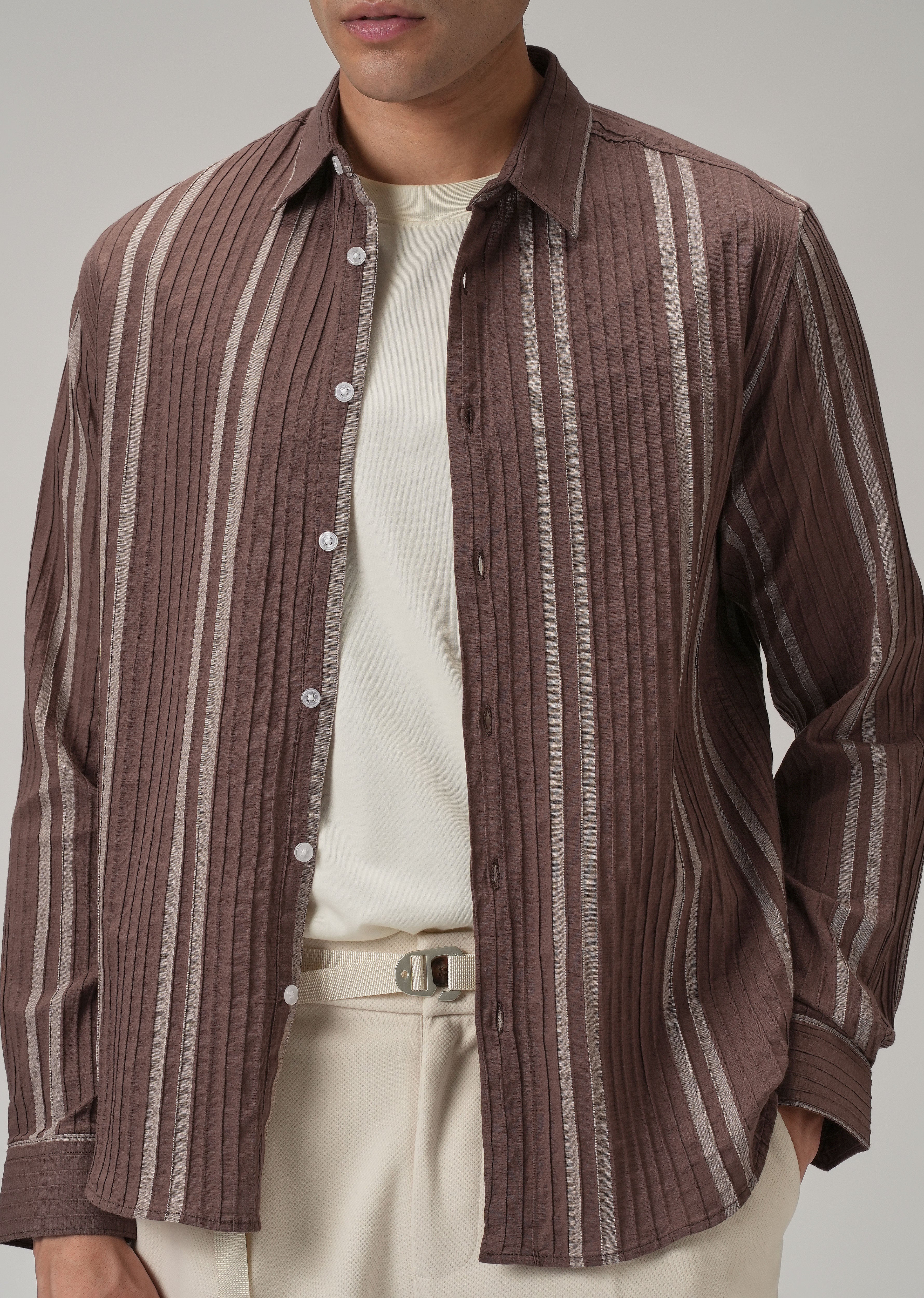 Self Pleat Brown Stripe Shirt