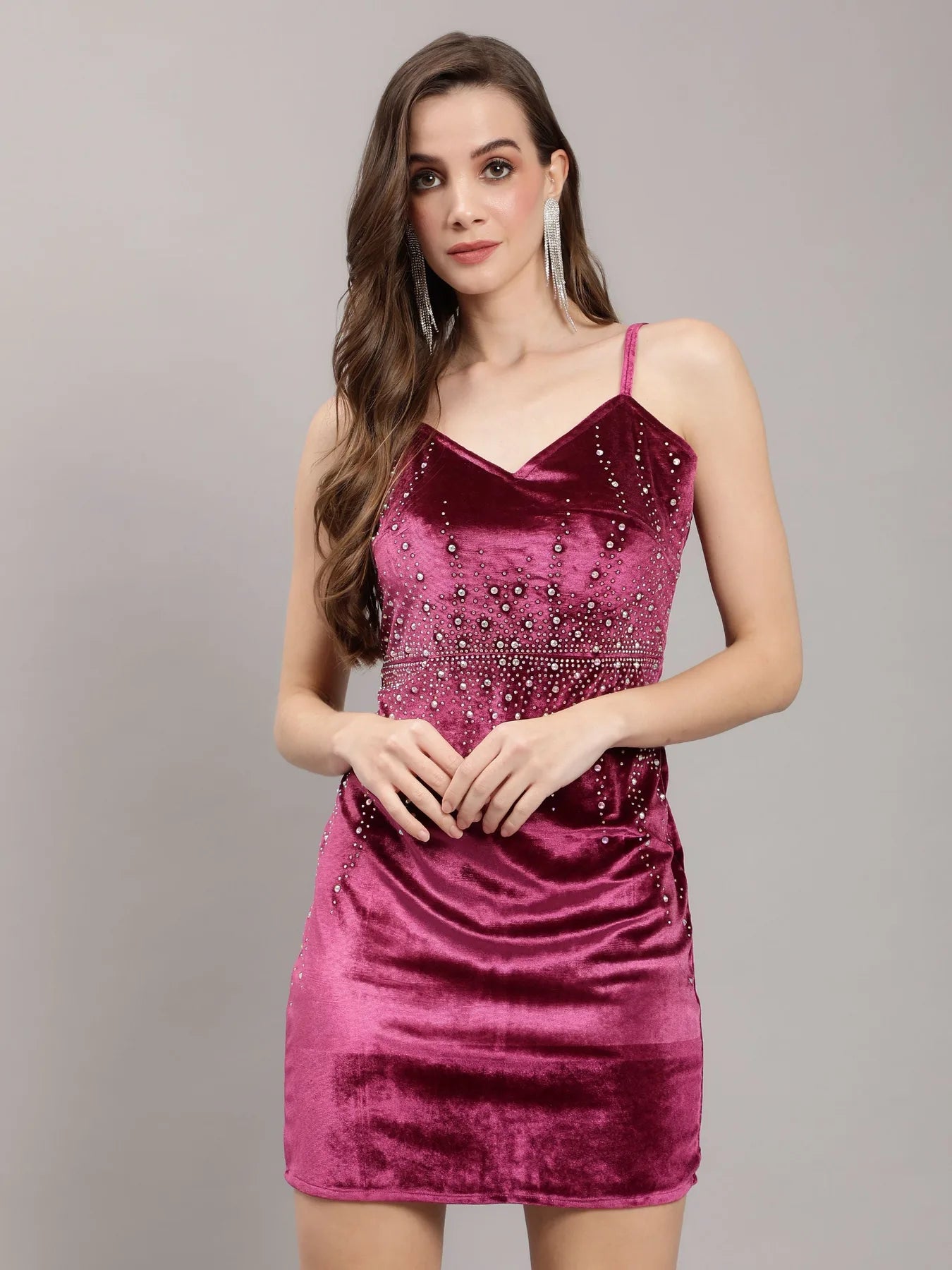 Rhinestones Studded Velvet Strappy Dress - Pink