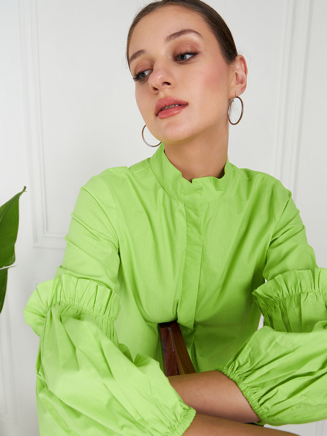 Athena Lime Green Shirt-Collar Cuffed Sleeves Ruffled Cotton Shirt-Style Top