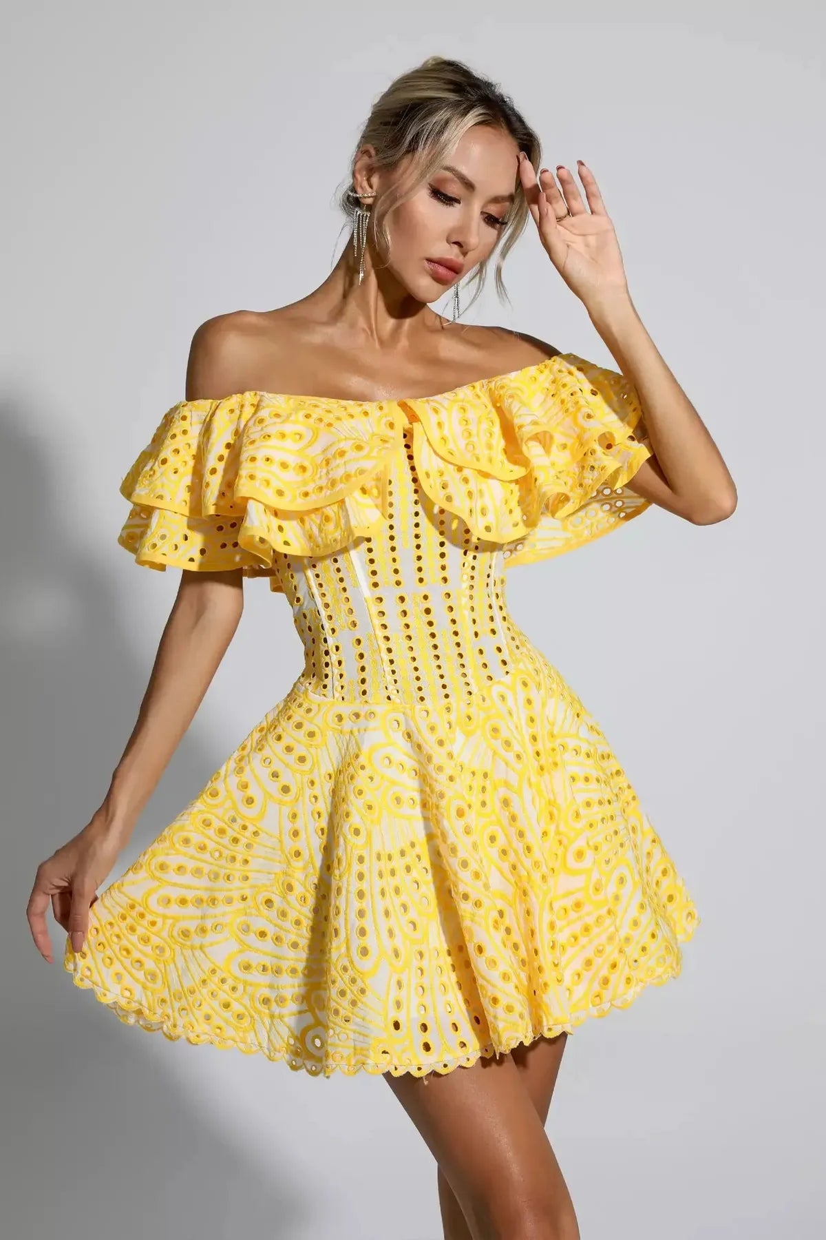 Cutout Ruffle Mini Dress - Yellow