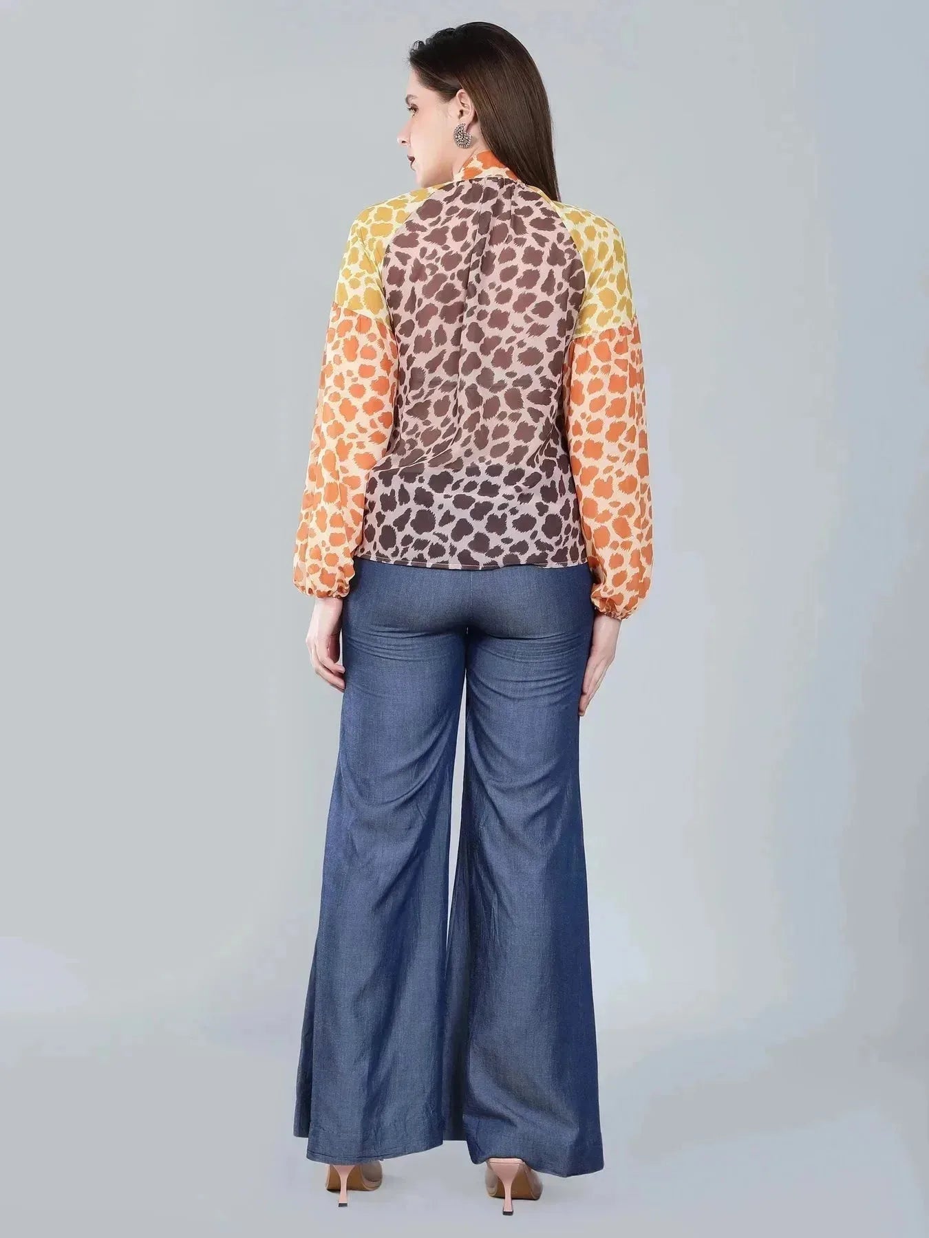 Leopard Print Colorblock Tie Neck Blouse - Multi