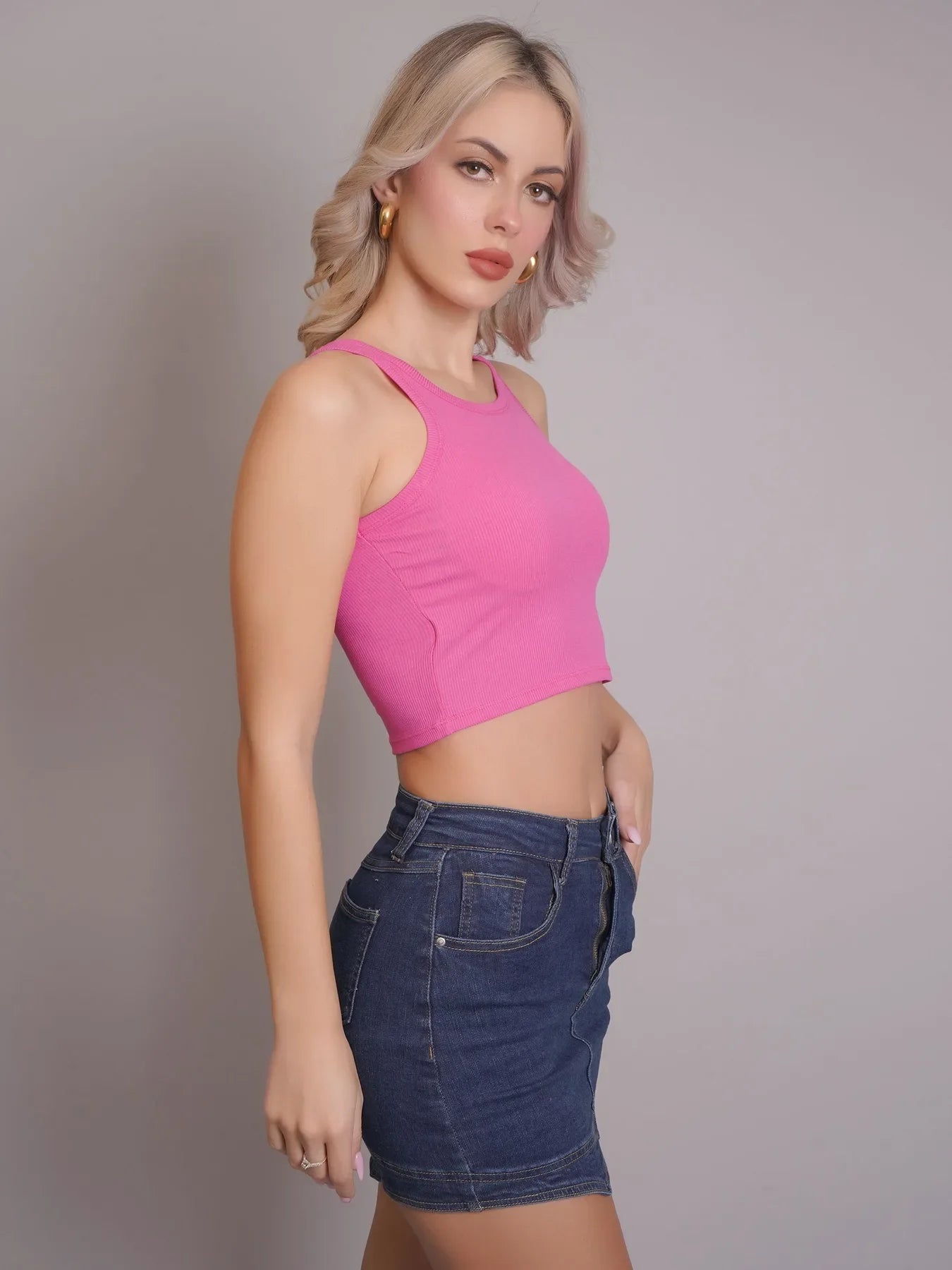 Padded Ribbed Crop Top - Pink