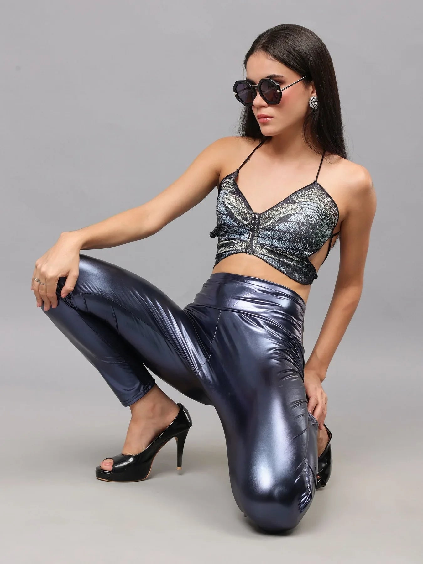 Metallic Shimmer Leggings - Navy