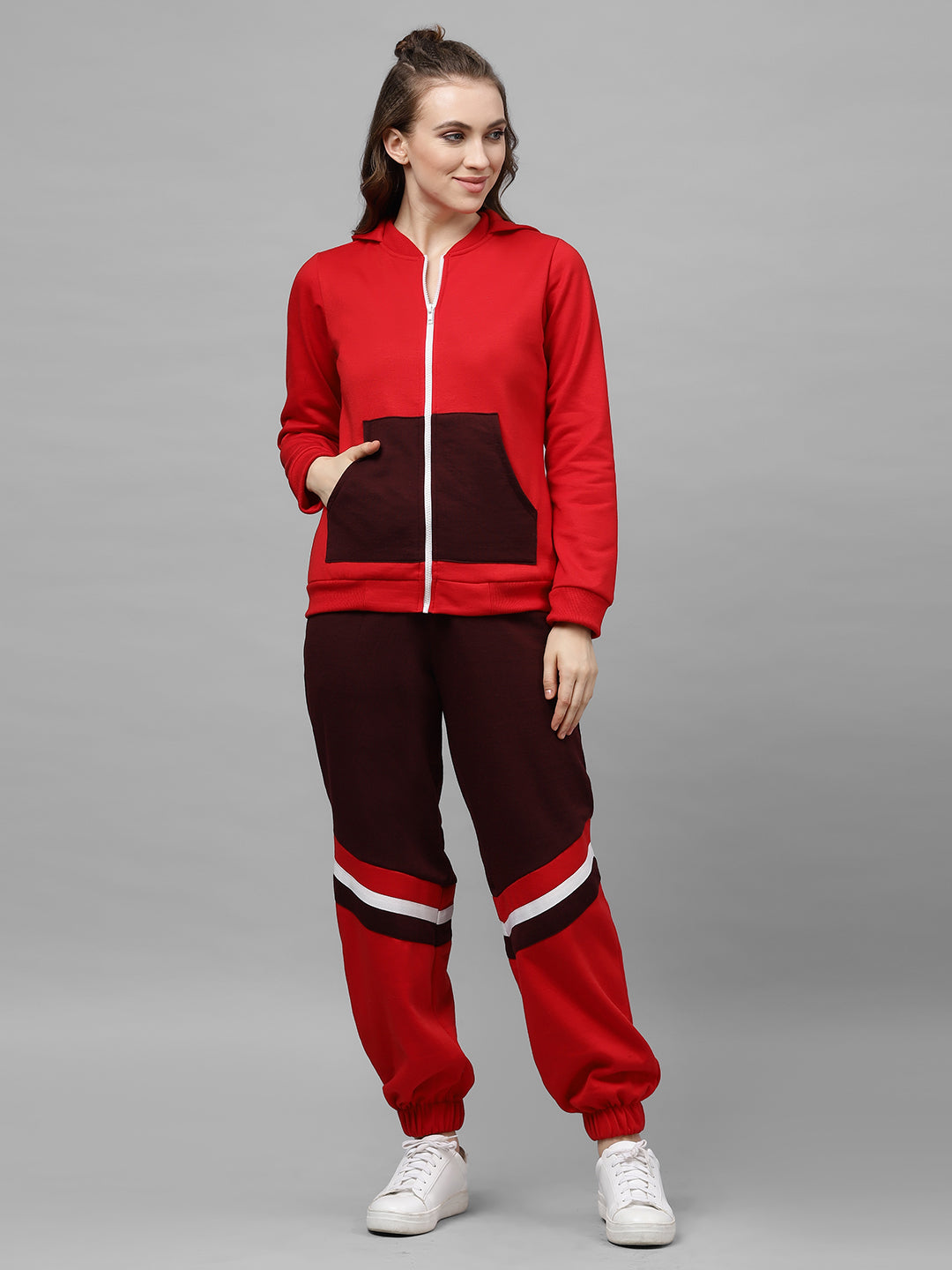 Athena Women Red & Burgundy Solid Hooded Sweatshirt & Colourblocked Joggers