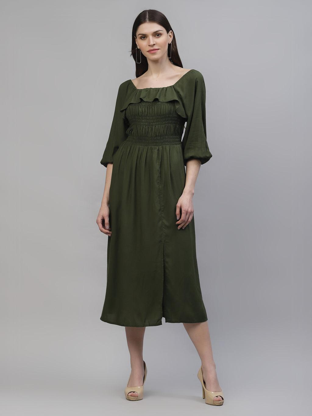 Athena Women Olive Green Solid Empire Dress