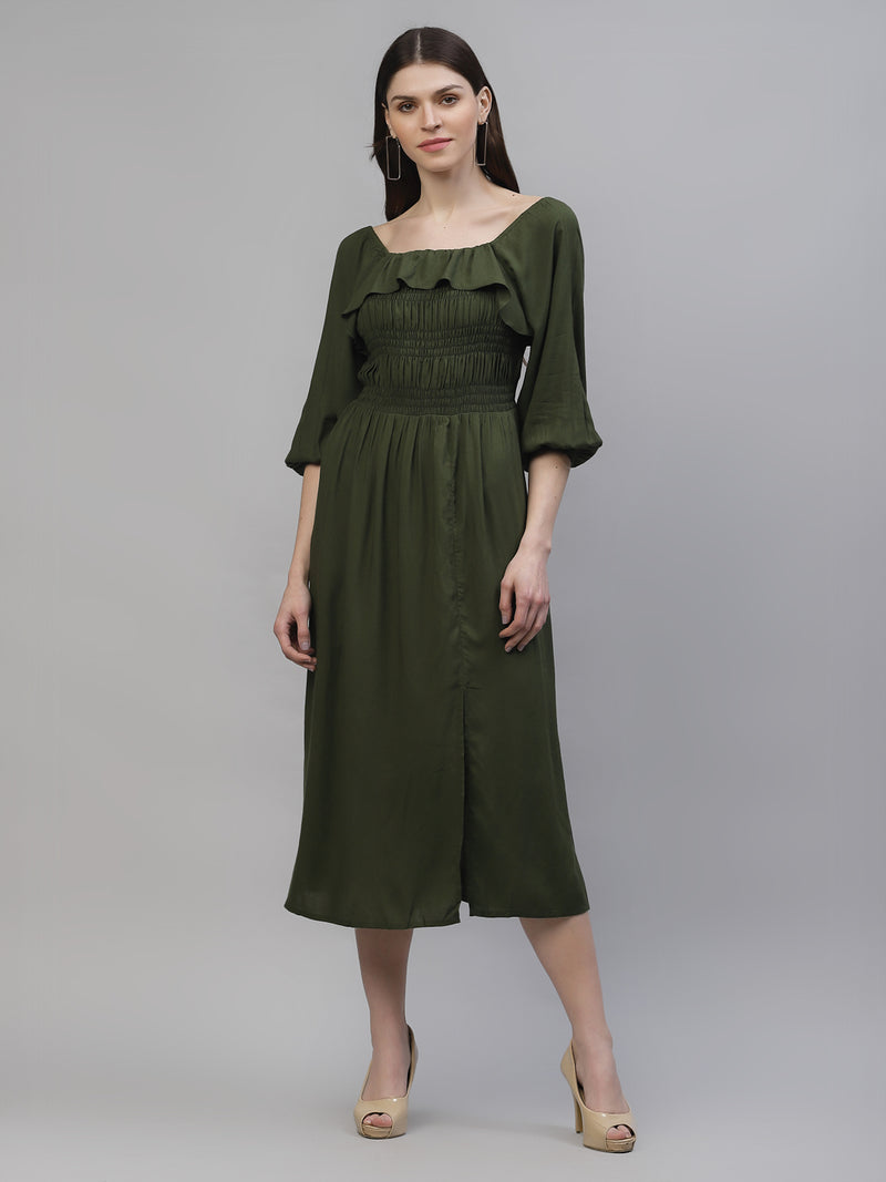 Athena Women Olive Green Solid Empire Dress