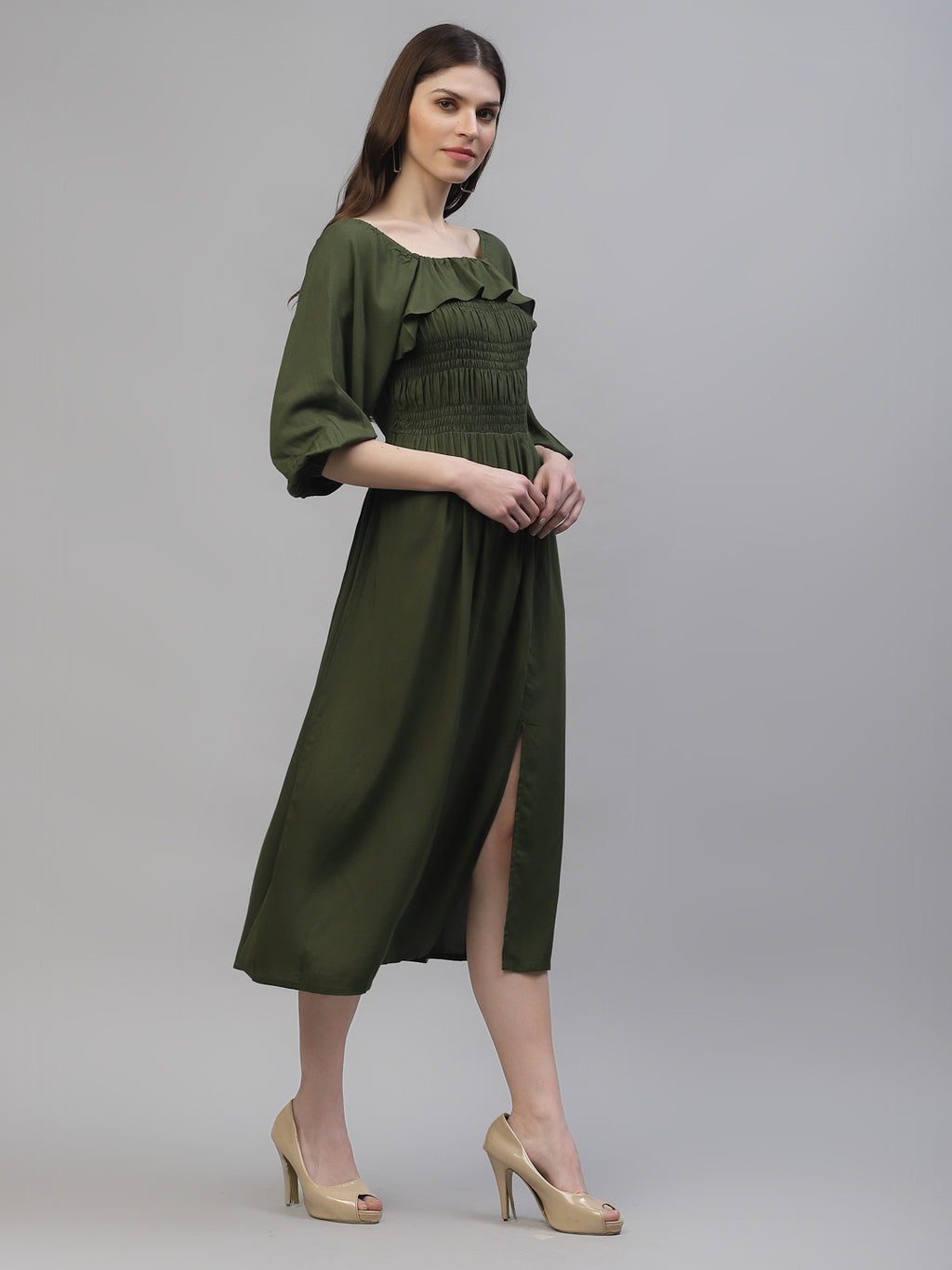 Athena Women Olive Green Solid Empire Dress