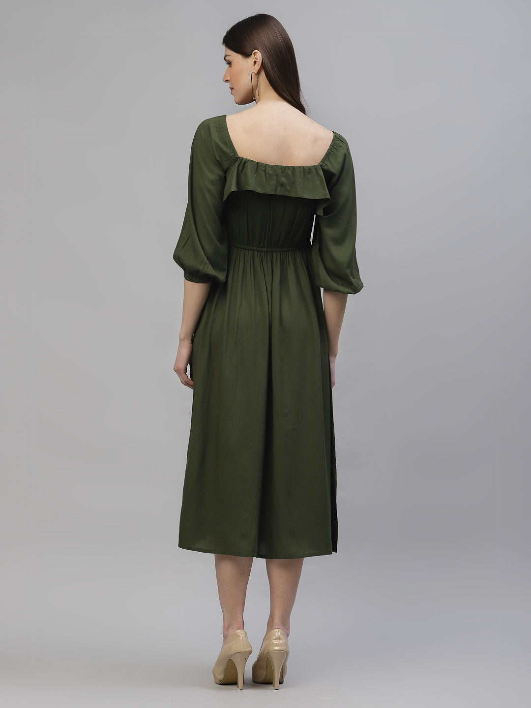 Athena Women Olive Green Solid Empire Dress