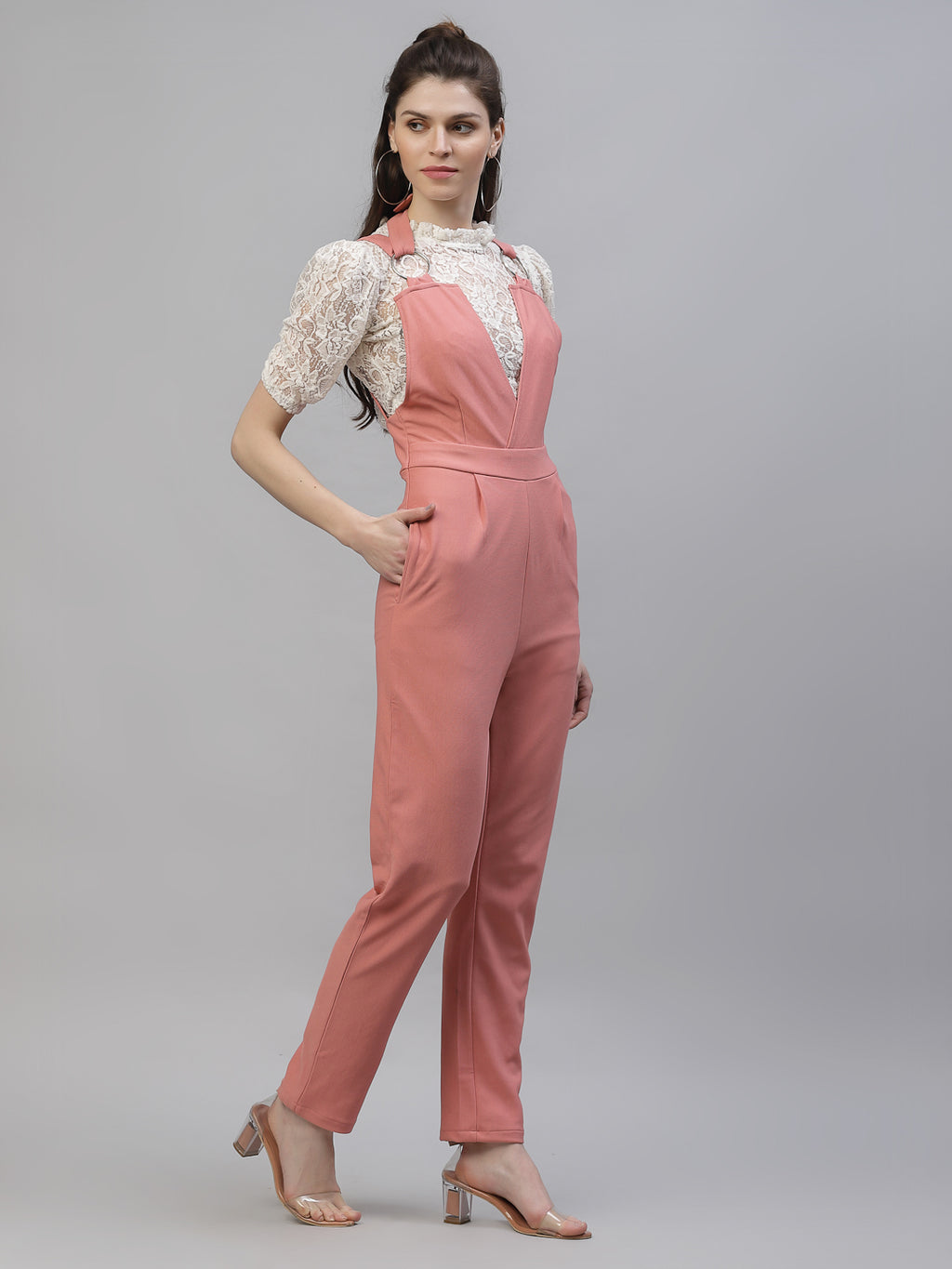 Athena Women Pink Solid Basic Jumpsuit
