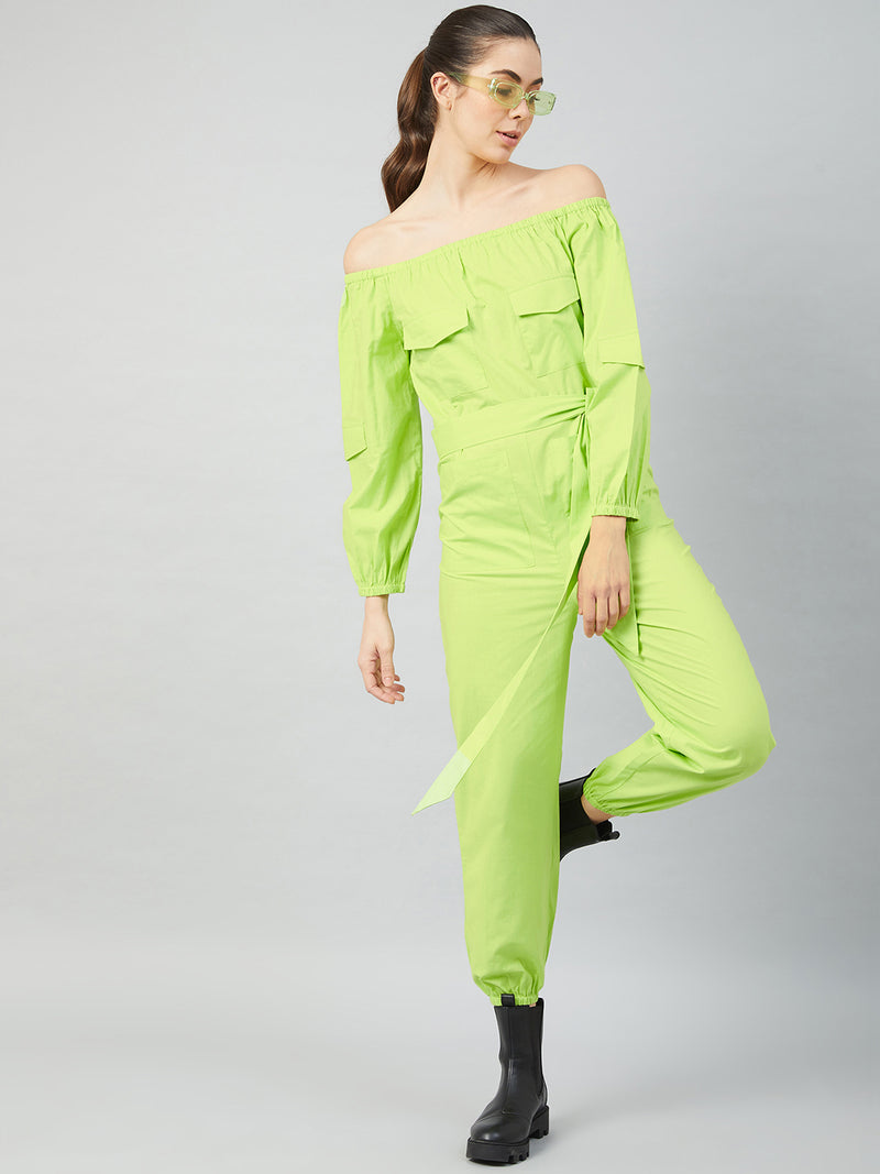Athena Women Lime Green Solid Cotton Jumpsuit