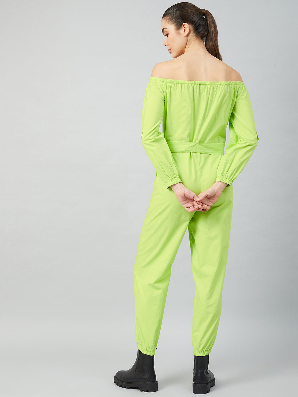 Athena Women Lime Green Solid Cotton Jumpsuit