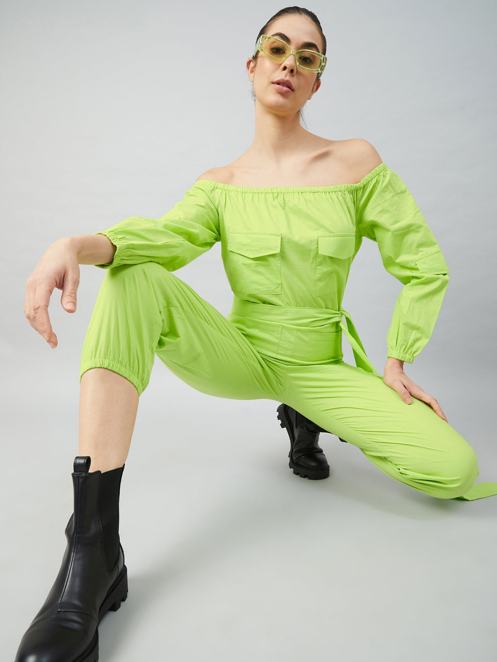 Athena Women Lime Green Solid Cotton Jumpsuit