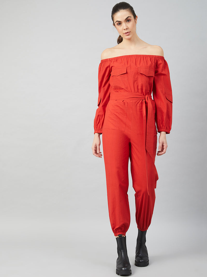 Athena Women Red Solid Cotton Jumpsuit