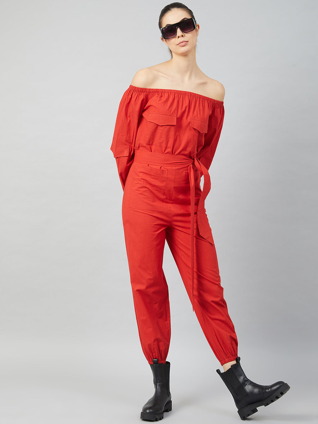 Athena Women Red Solid Cotton Jumpsuit