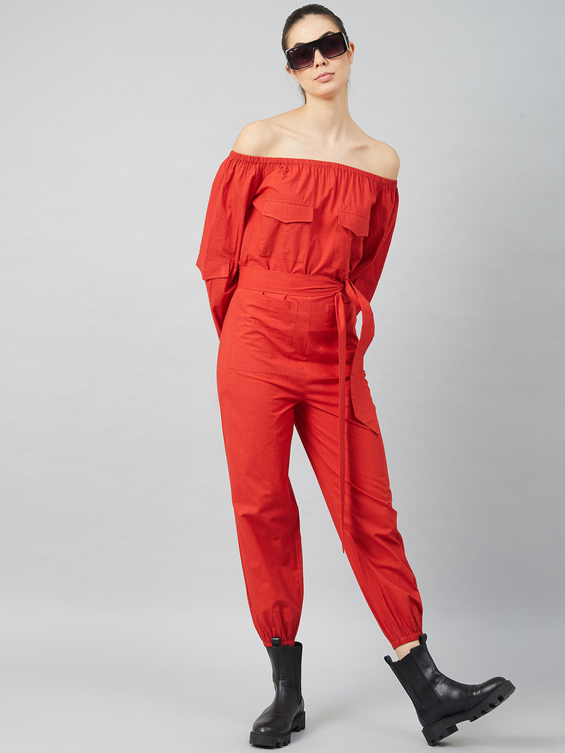 Athena Women Red Solid Cotton Jumpsuit