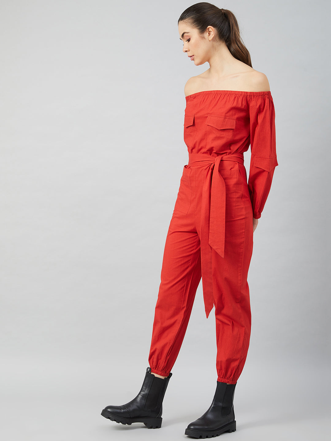 Athena Women Red Solid Cotton Jumpsuit