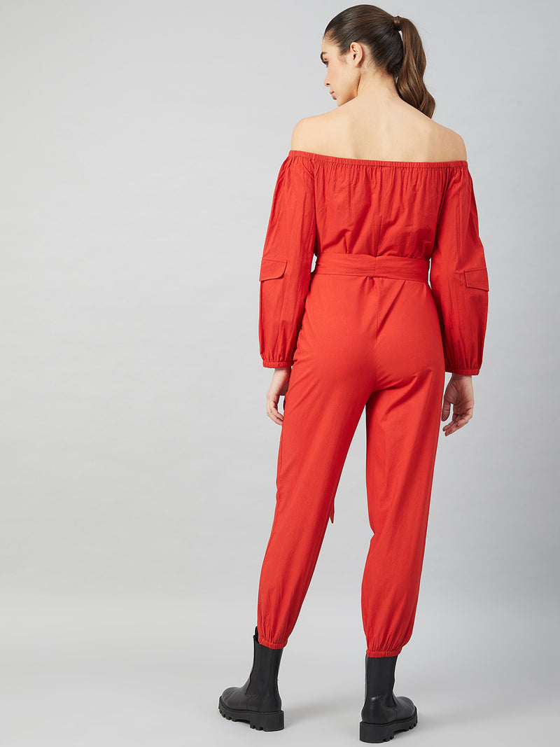 Athena Women Red Solid Cotton Jumpsuit