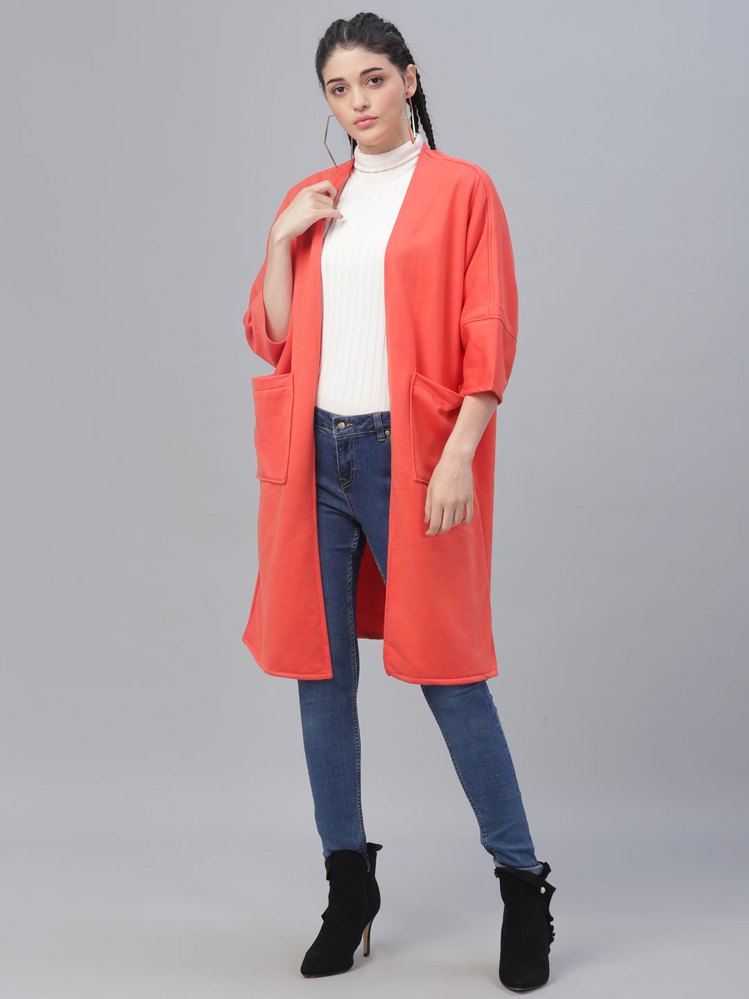 Athena Women Orange Solid Open-Front Shrug