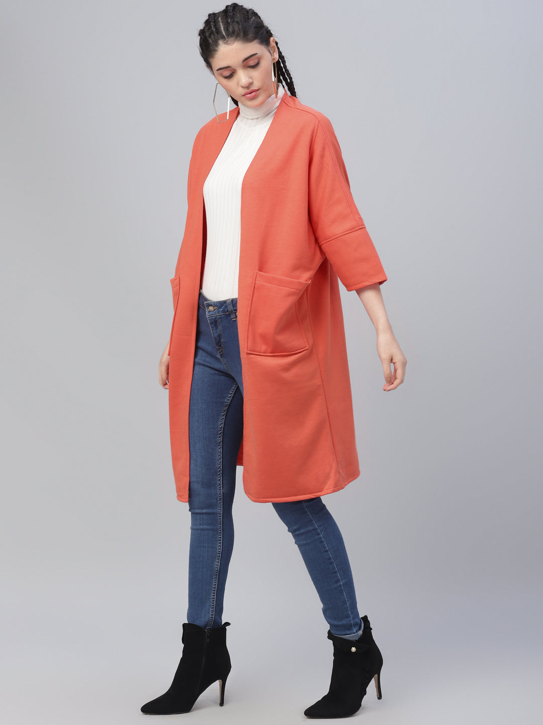 Athena Women Orange Solid Open-Front Shrug