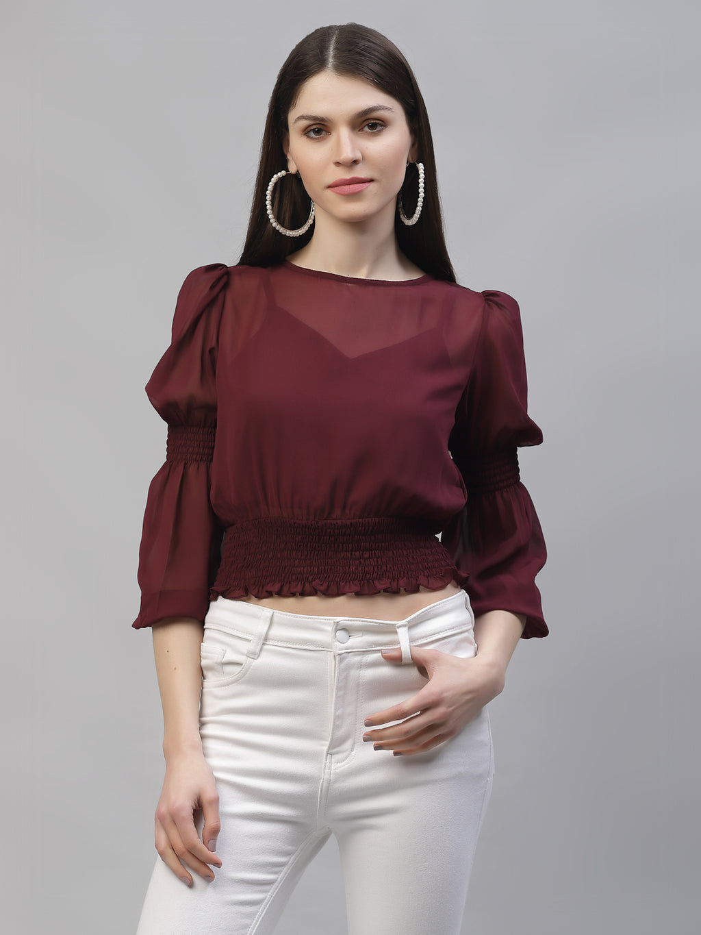 Athena Burgundy Puff Sleeves Georgette Blouson Top