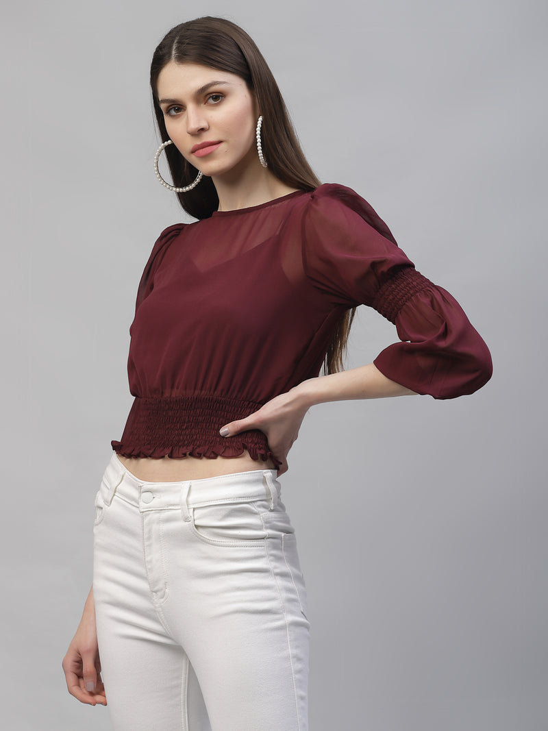 Athena Burgundy Puff Sleeves Georgette Blouson Top