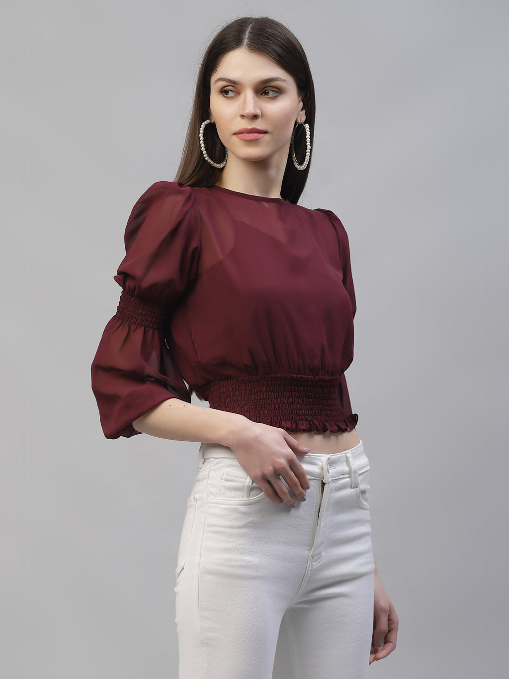 Athena Burgundy Puff Sleeves Georgette Blouson Top