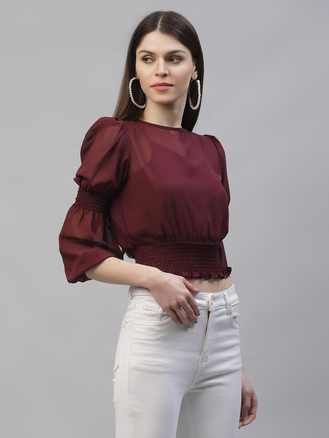 Athena Burgundy Puff Sleeves Georgette Blouson Top