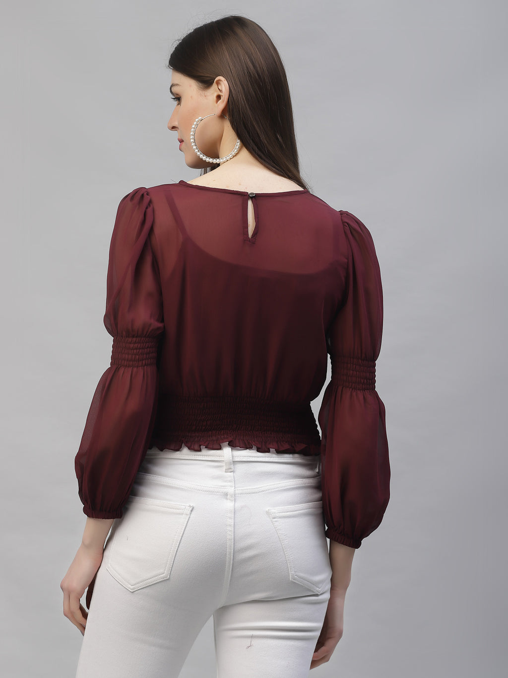 Athena Burgundy Puff Sleeves Georgette Blouson Top