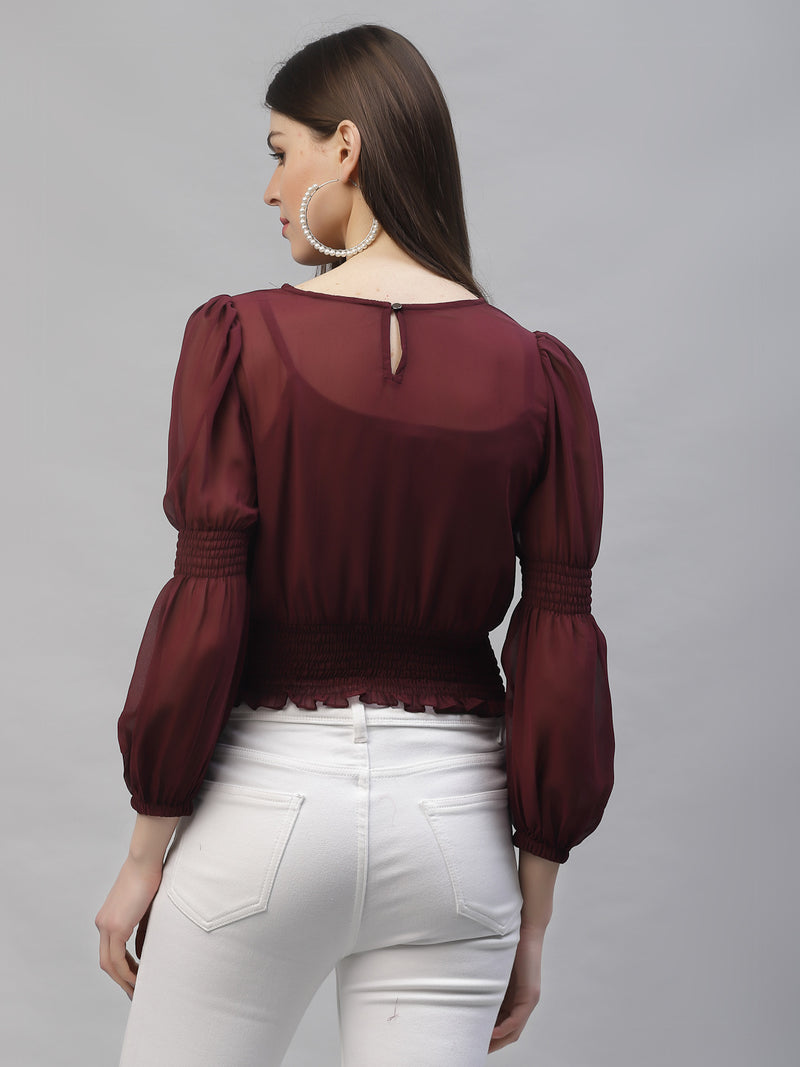 Athena Burgundy Puff Sleeves Georgette Blouson Top